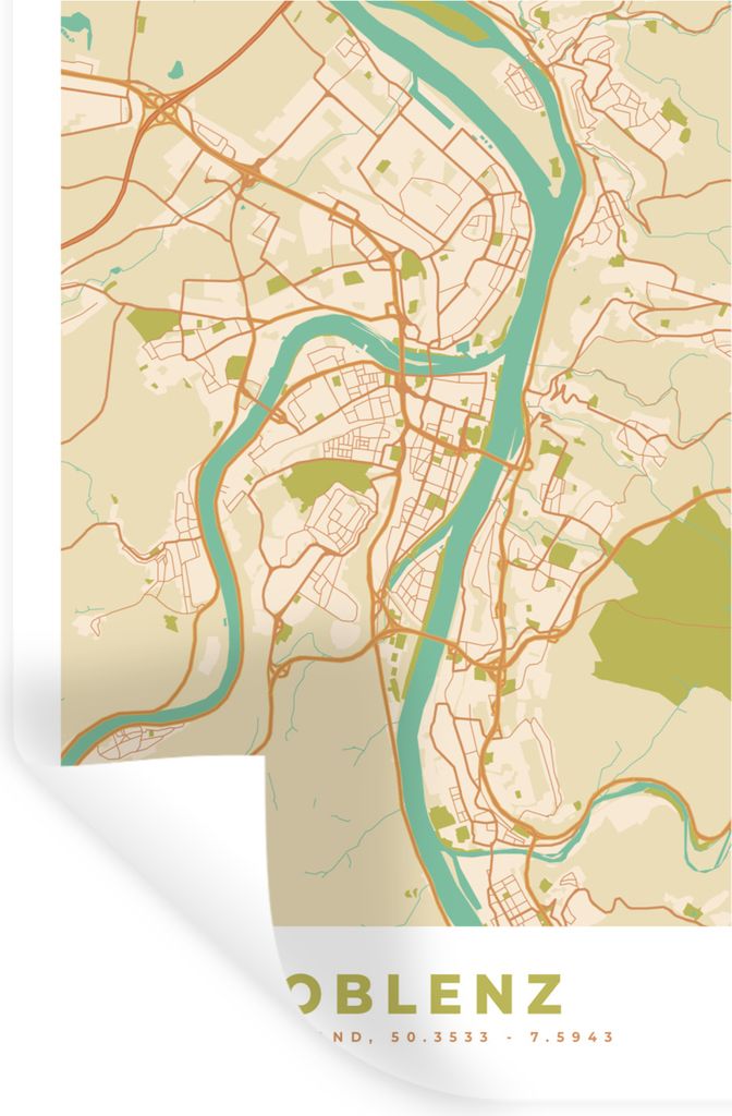 MuchoWow Wandtattoo Wandsticker Wandaufkleber Koblenz - Karte - Stadtplan - Vintage 60x90 cm Selbstklebend und Repositionierbar - Sticker - Dekor...