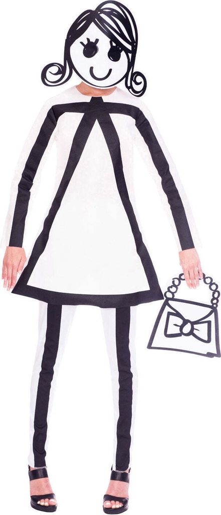 A person wearing a stick figure costume, holding a purse.