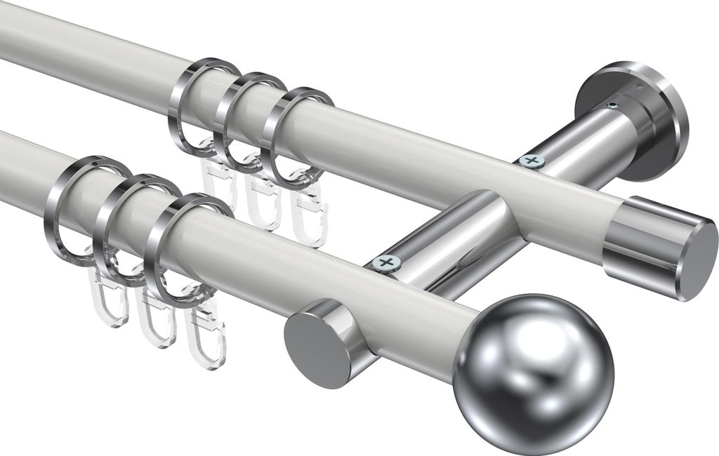 Interdeco Gardinenstange / Vorhangstange Weiß / Chrom, Typ Platon Luino (Kugel), 20 mm Ø 2-läufig, 220 cm