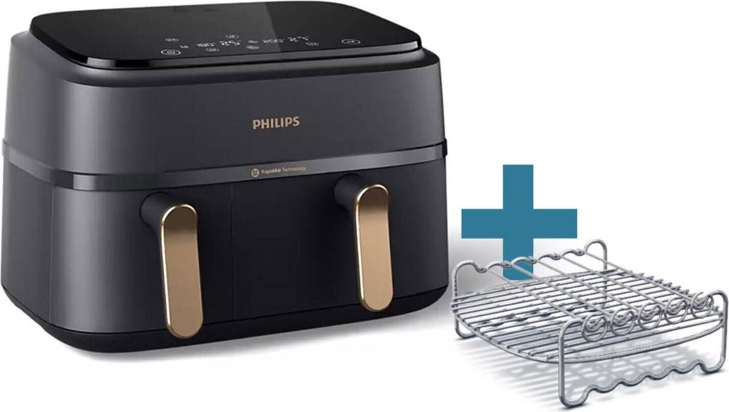 A Philips Airfryer and a grilling rack with a plus sign between them.