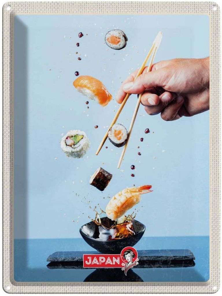vianmo Blechschild 40x30 cm Japan Asien Abenteuer Reisen Urlaub Sushi Fisch Stäbchen essen Bildmotiv Reisemotiv Trinken