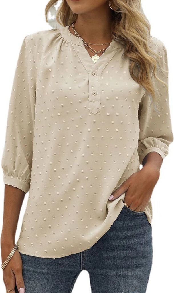 ASKSA Damen Swiss Dot Bluse 3/4 Ärmel Sommer Elegant T-Shirt V-Ausschnitt Tunika Einfarbig Chiffon Hemd, Aprikose, XL