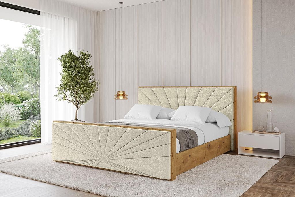 ALTDECOR Polsterbett mit Bettkasten - ENZO6-Z - 200x200 Beige- Bett mit Matratze H3/H4, Kopfteil und Fußteil, Boxbett, Doppelbett mit Stauraum