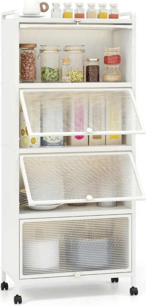 Étagère cuisine 60cm portes pliantes et roulettes structure acier blanc
