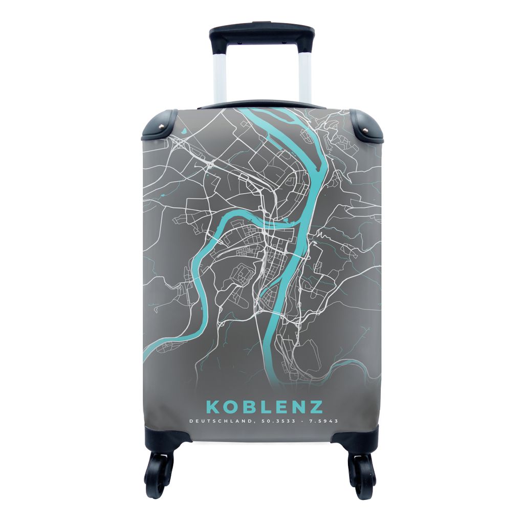 MuchoWow Koffer Handgepäck Trolley Rollkoffer Kleine Reisekoffer mit 4 Rollen - Karte - Koblenz - Blau - Stadtplan - Deutschland - Cabin Size < ...
