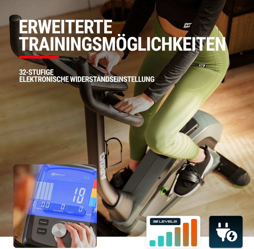 HS HOP-SPORT Ergometer HS-120H Argo - Heimtrainer Fahrrad Mit Bluetooth Und App Steuerung 12 Trainingsprogramme Wattgesteuert Leise 10 Kg Schwungmasse 32 Bremsstufen Schwarz