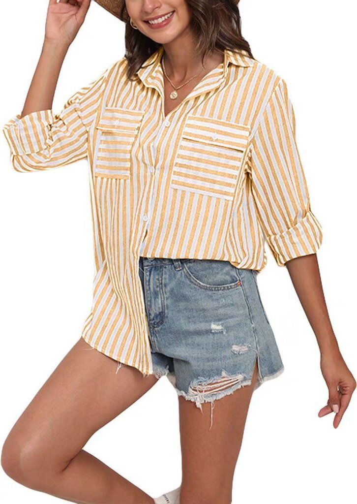 ASKSA Damen Bluse Langarm Streifen Knöpfen Hemd Oberteile Baumwolle Leinen V-Ausschnitt Casual Lose Shirts, Orange, XXL