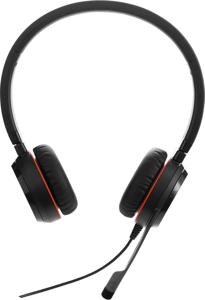 A black Jabra Evolve 20 MS Duo USB headset with orange accents is shown against a white background.
