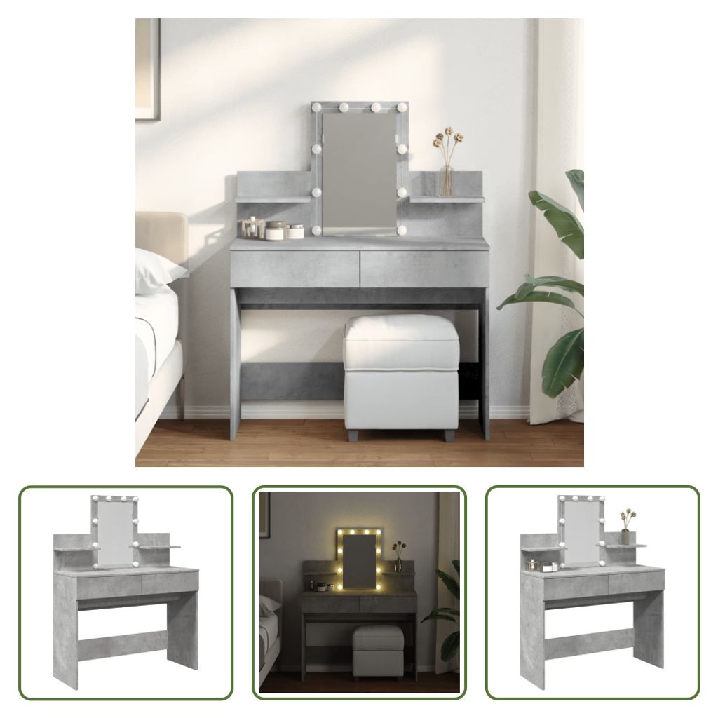 The Living Store Schminktisch mit LED-Beleuchtung Betongrau 100x40x130 cm