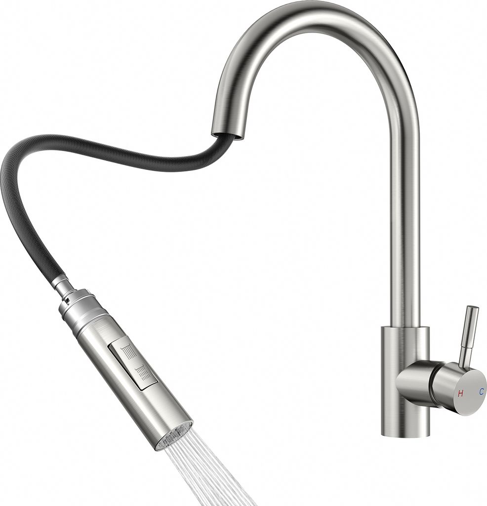 A stainless steel kitchen faucet with a pull-out spray head is shown against a white background.