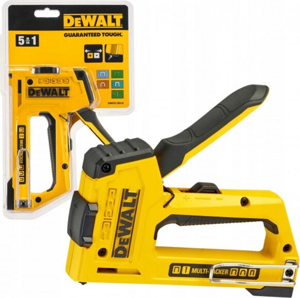 A Dewalt 5W1 multi-tacker stapler is shown in its retail packaging.