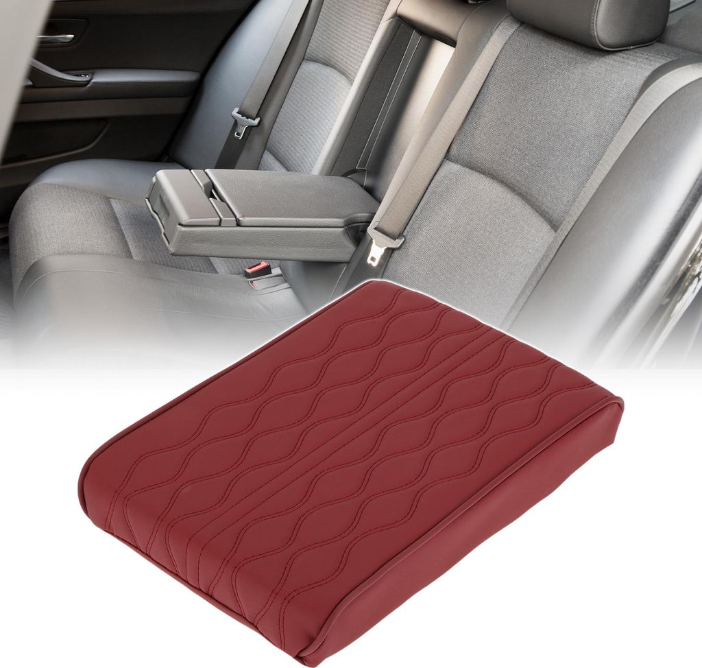 Memory Foam Auto Armlehnenpolster 11,81"x7,87" Mittelkonsole Abdeckung Armlehnen Sitzbox Abdeckung Kunstleder Weinrot Wasserwellenmuster