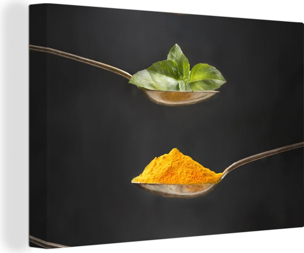 OneMillionCanvasses - Leinwandbilder - 150x100 cm, Kräuter - Löffel - Gewürze - Schwarz - Italienisch, Wandbilder Kunstdruck Wanddekoration - ...
