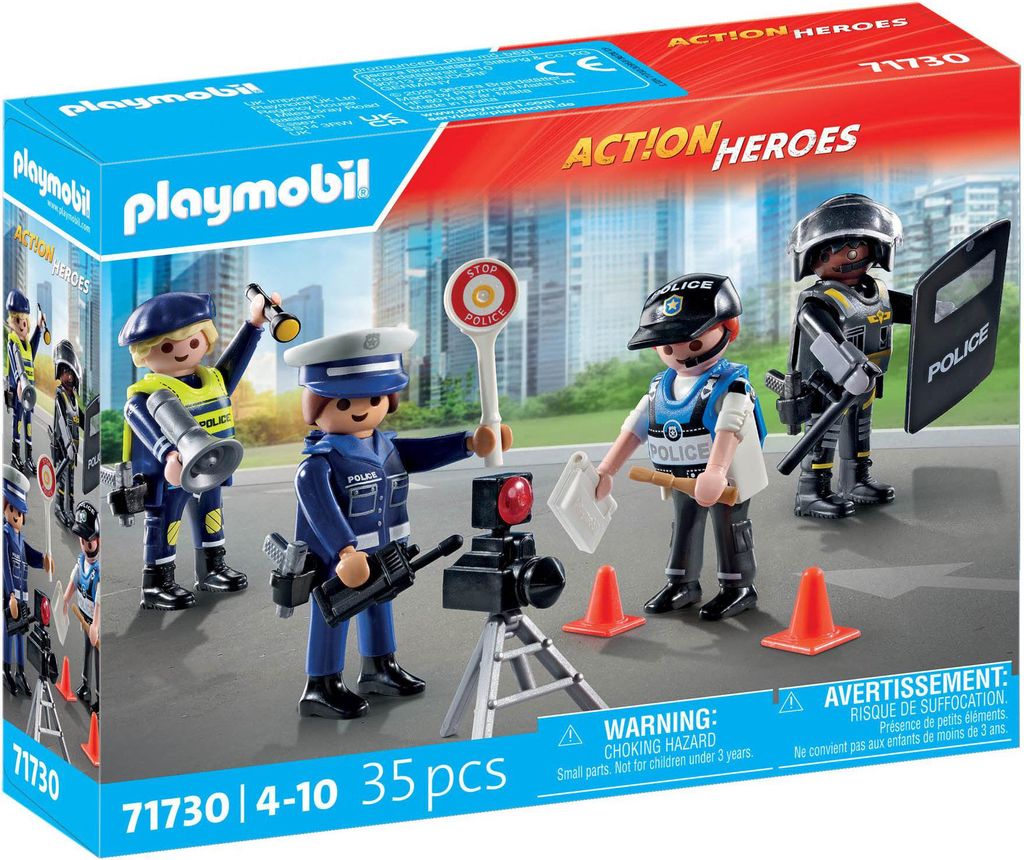 The image shows the packaging of a Playmobil Action Heroes police set, featuring several police figures and accessories.
