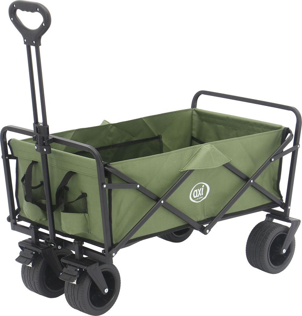 AXI SB131 Faltbarer Bollerwagen in Grün | Handwagen Klappbar / Faltbar mit Zugstange, Gurt, Hülle, Innentasche & Getränkehalter - PP Gummireifen...