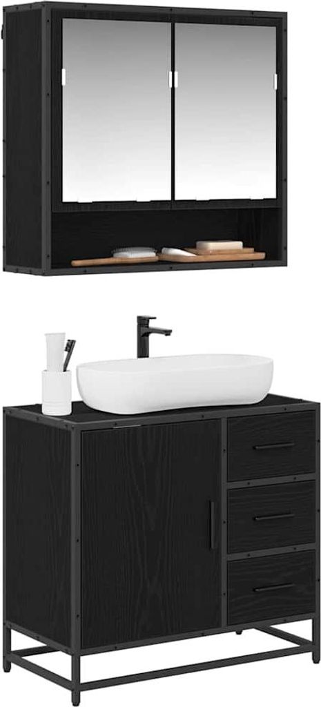 Langlebige Badezimmermöbel-Set 2 pcs - Montage erforderlich - Schwarz Eichen-Optik Holzwerkstoff - Möbel814304 - Badezimmerschränke