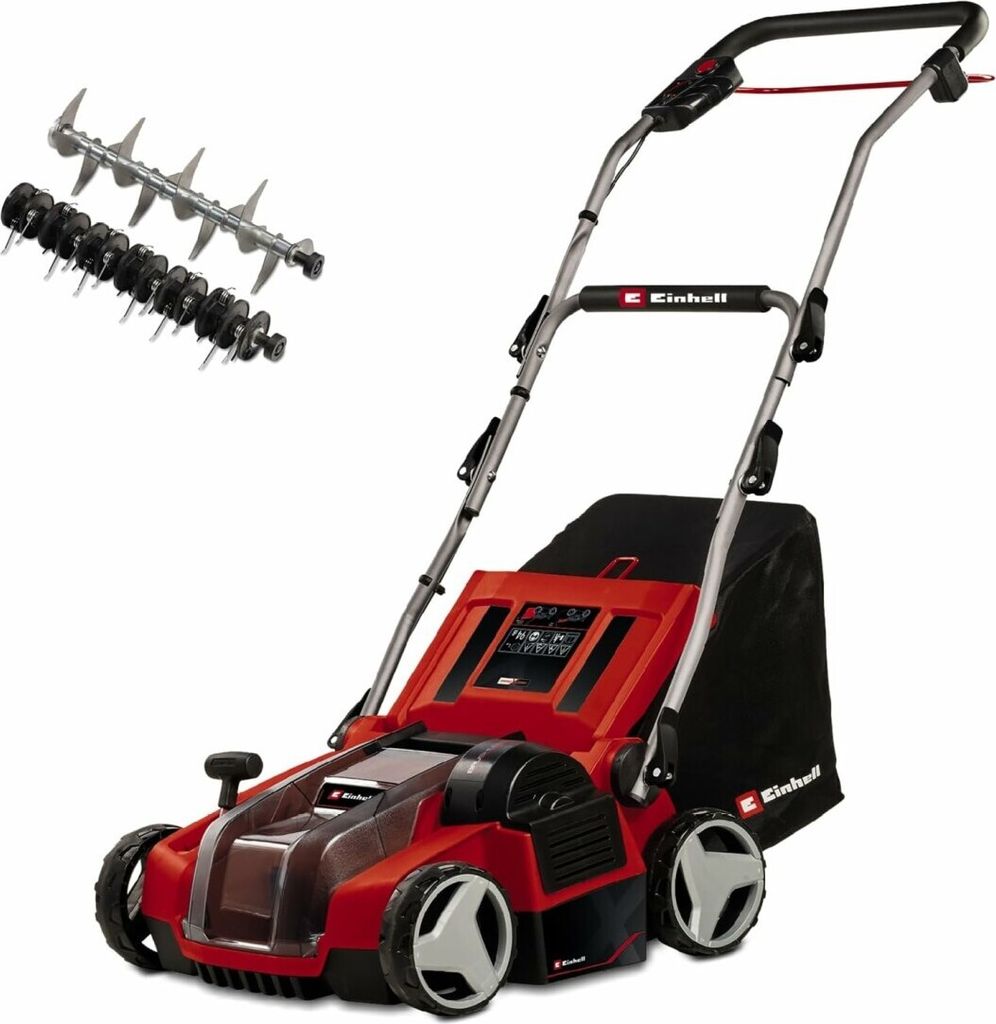 A red and black electric lawn scarifier and aerator with accessories.
