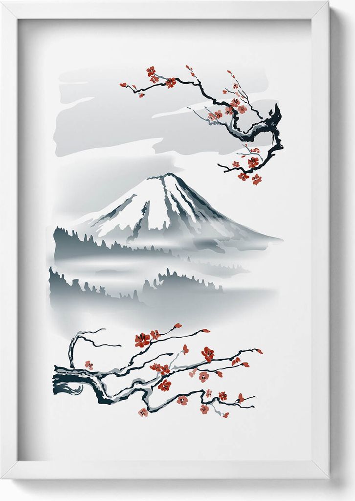 Japanische Illustration des Berges Fuji und Kirschblüten– Wandbild mit Rahmen – Gerahmtes Bild – Wanddekoration – 40x60 cm – Weiß