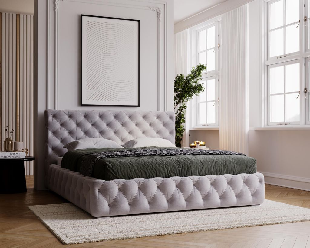 Polsterbett 200x200 cm Glory mit Bettkasten - Chesterfield Bett, Glamour - Doppelbett mit Metall Lattenrost, Grau