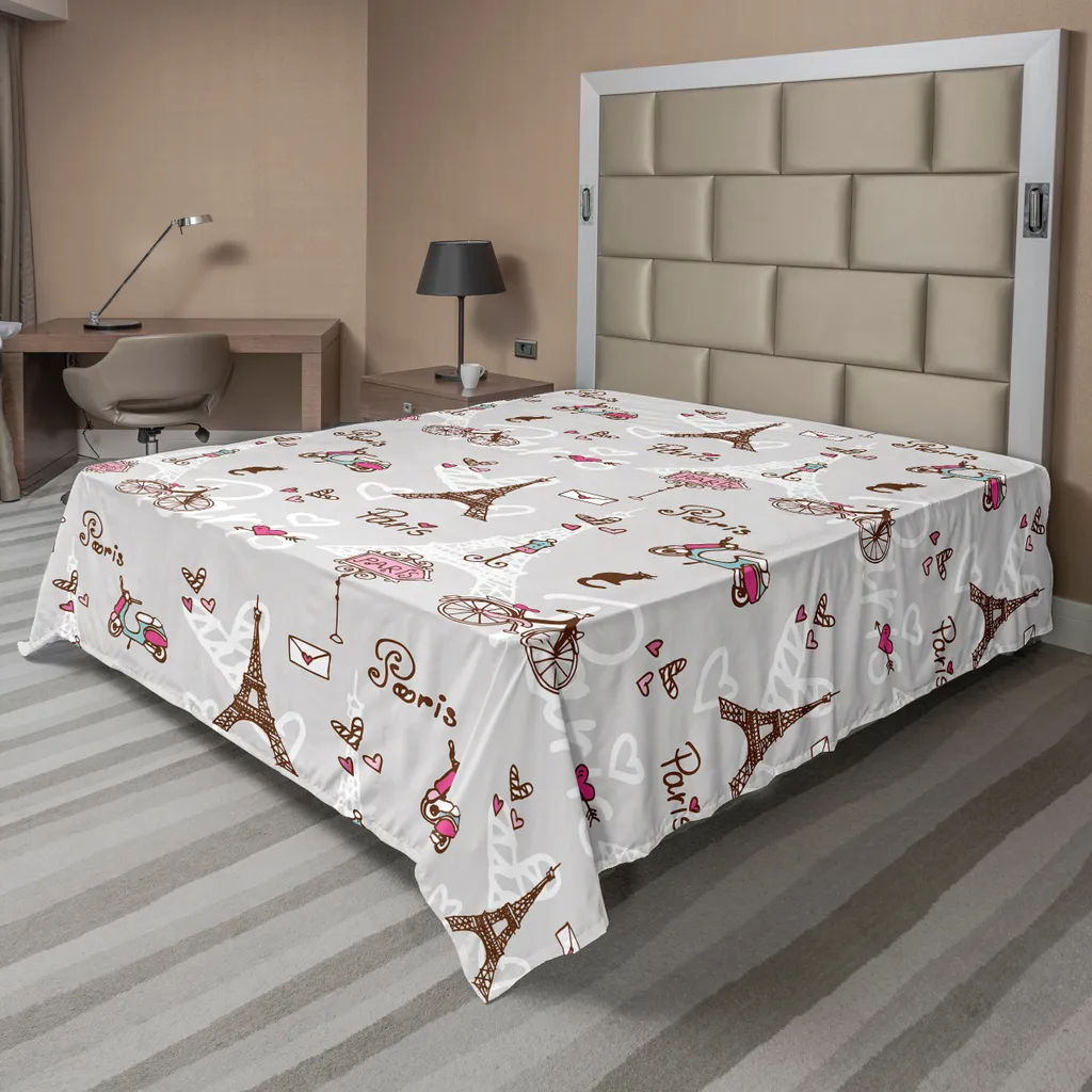 Drap plat décoratif pour lit double thème Paris 205x244 cm Bleu Ciel