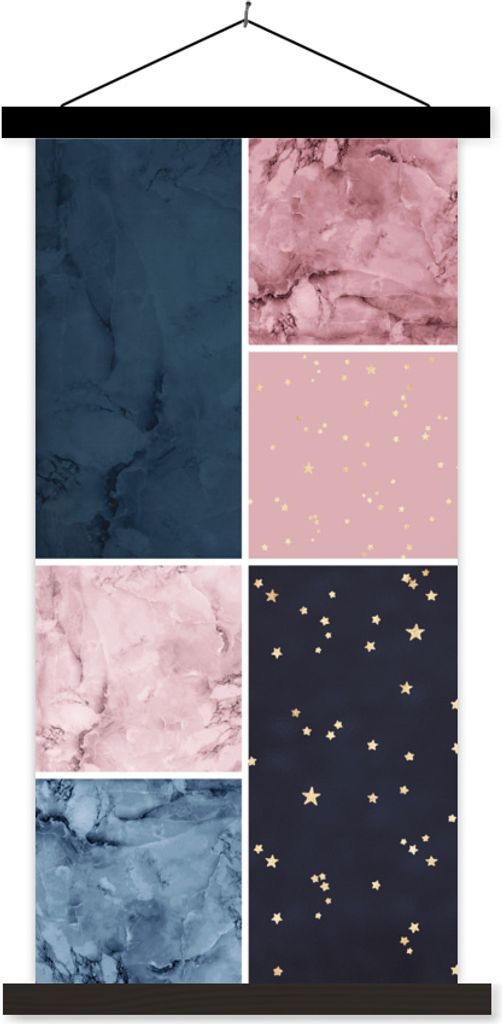 MuchoWow Textilposter Marmor - Rosa - Blau 40x80 cm mit schwarzem Rahmen - Wandemalerei