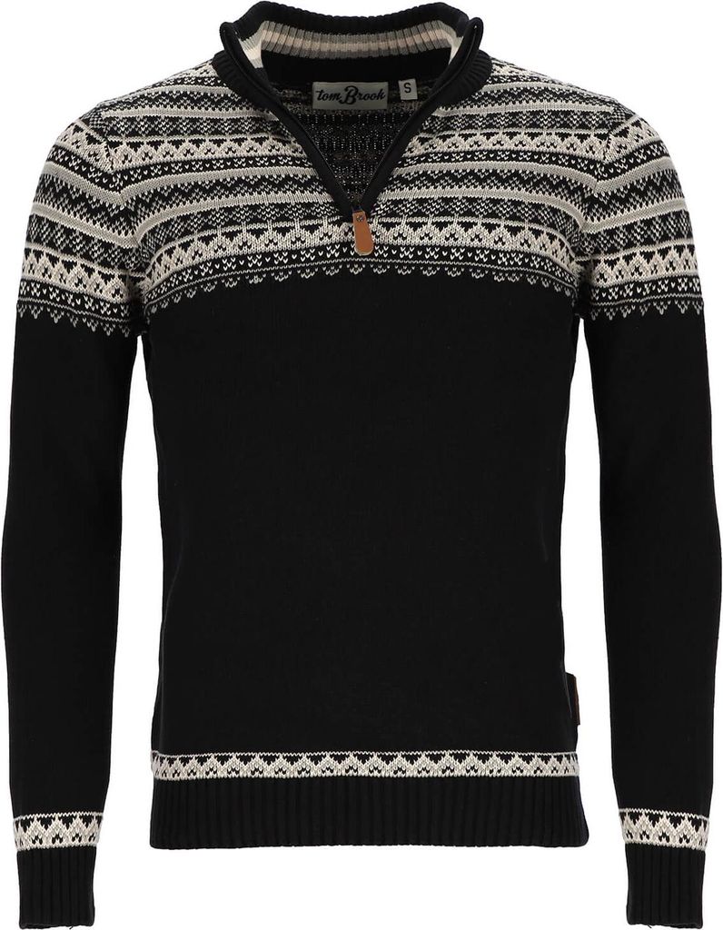 tomBrook Herren Troyer mit Norweger-Strick-Muster - Strickpullover mit Troyer-Kragen aus Baumwolle in Black Größe M