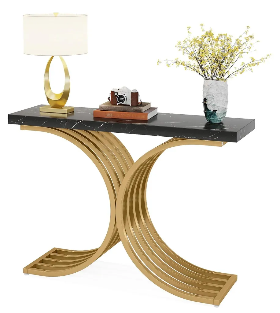 Console stable et fine pour entrée - Table marbre noir 100 x 30 cm