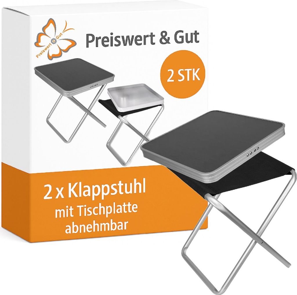 Campinghocker faltbar 2er Set mit Tischplatte schwarz Klapphocker Aluminium silber Sitzhöhe 45 cm Sitzfläche 100 kg belastbar auch als Klapptisch