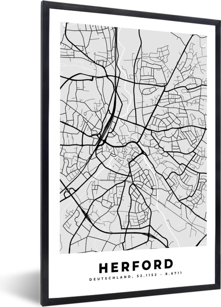 MuchoWow Gerahmtes Poster Deutschland - Stadtplan - Karte - Herford 60x90 cm - Poster mit Schwarzem Bilderrahmen Wandposter Rahmen Foto Bilder - ...