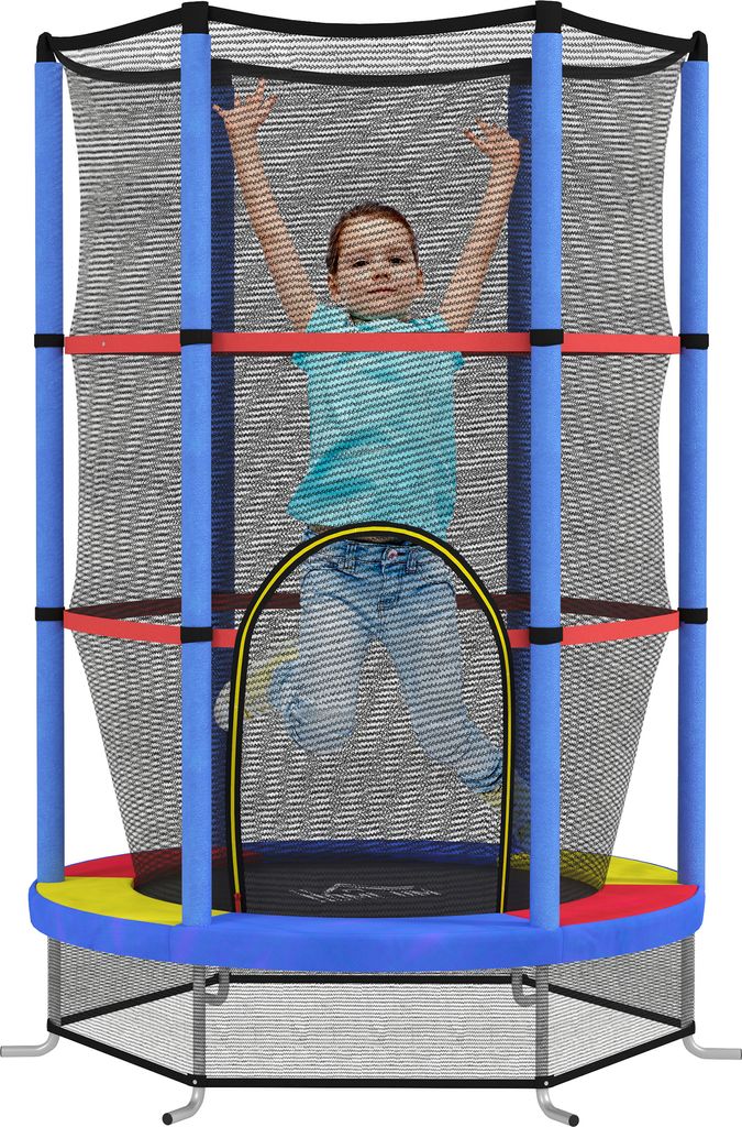 HOMCOM Kindertrampolin, Ø140 cm Trampolin für Kinder mit Sicherheitsnetz, Gartentrampolin für 3-6 Jahre Kinder, Indoor, Bunt