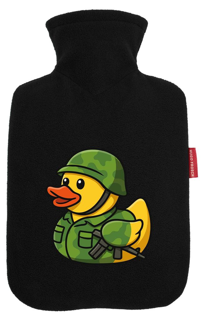 Huuraa Wärmflasche Quietscheente Soldat Gummiente Bundeswehr 1,8 Liter Black Classic Veloursbezug Bettflasche Geschenkidee