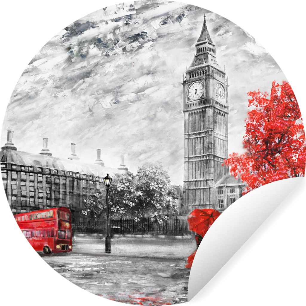 MuchoWow Runde Wandtattoo - Wandsticker Tapete Aufkleber Gemälde - Big Ben - Rot - Regenschirm Ø 80 cm Selbstklebend und Repositionierbar - Wan...
