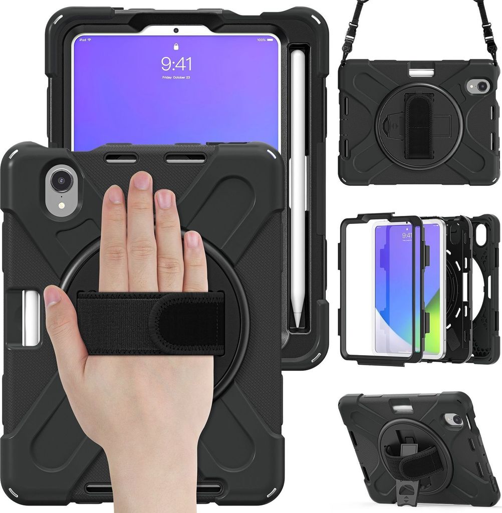 Mobigear SureGrip XGuard iPad Mini 7 (2024) Hülle Kunststoff,Silikon Backcover + Stifthalter + Schulterträger + Ständer - Schwarz
