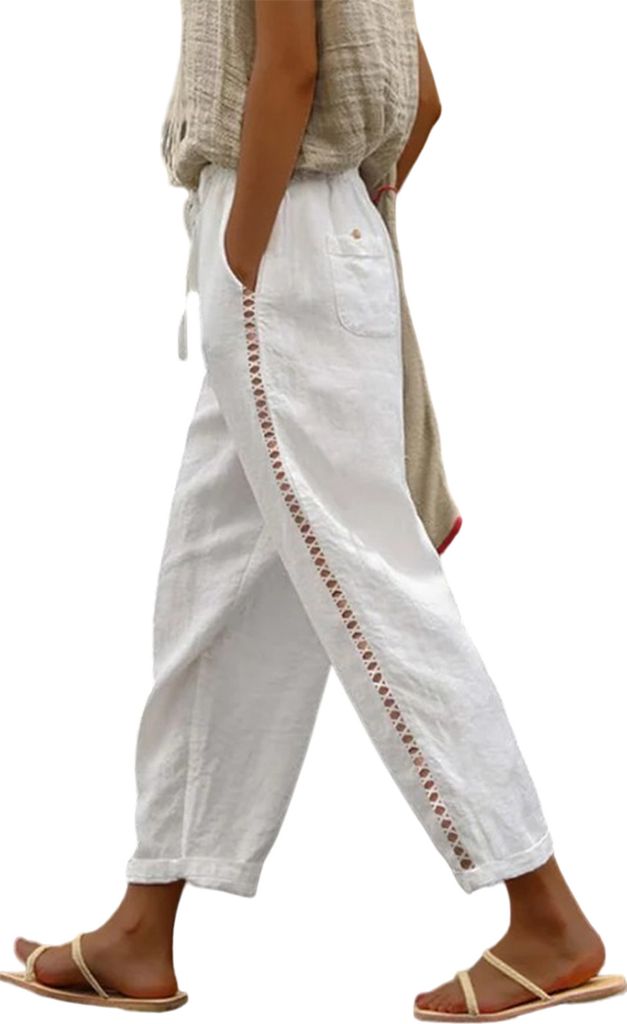 ASKSA Damen Leinenhosen 7/8 Sommer Leicht Leinen Baggy Hosen Freizeithose mit Taschen, Weiss, Groesse: S