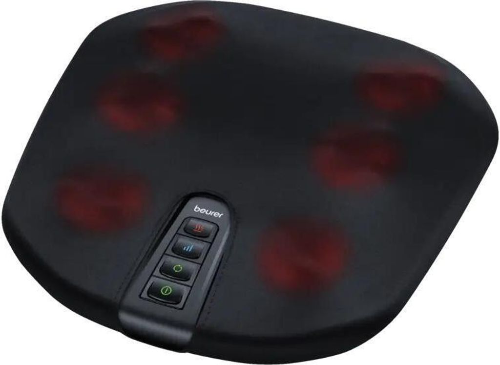 A black foot massager with red massage nodes and a control panel.