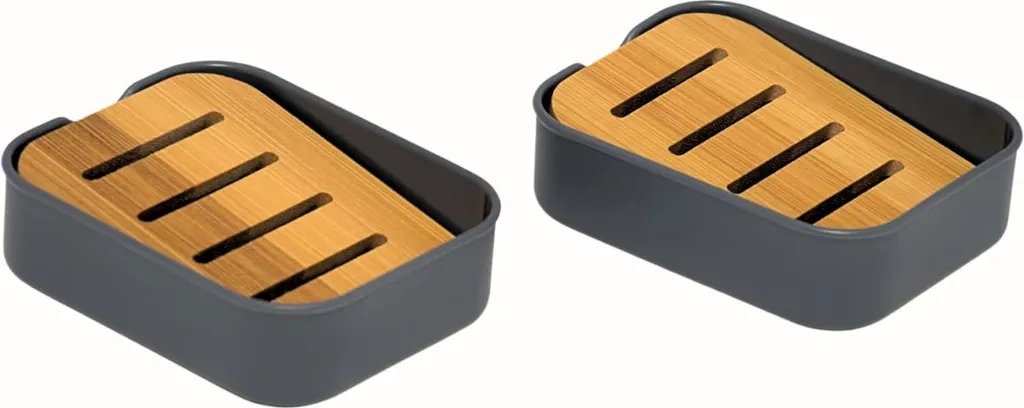 Porte-savons gris en plastique et bambou naturel inclinés - Lot de 2