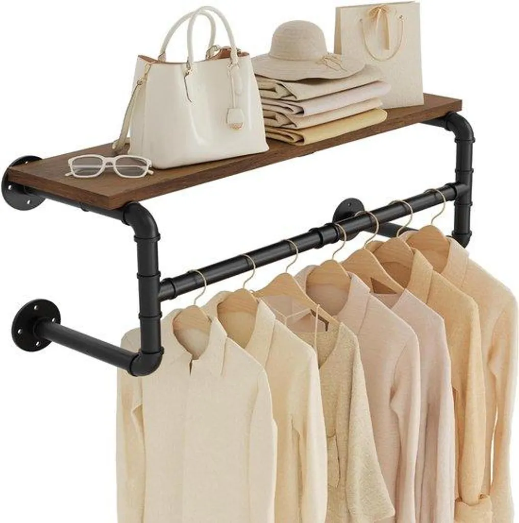 Tringle à vêtements murale noire 70cm pour salon avec tablette chic