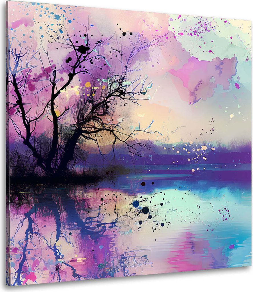 Abstrakt Baum mit Spiegelung im Wasser Leinwandbild Wandbild Wanddeko: 150x150x4cm