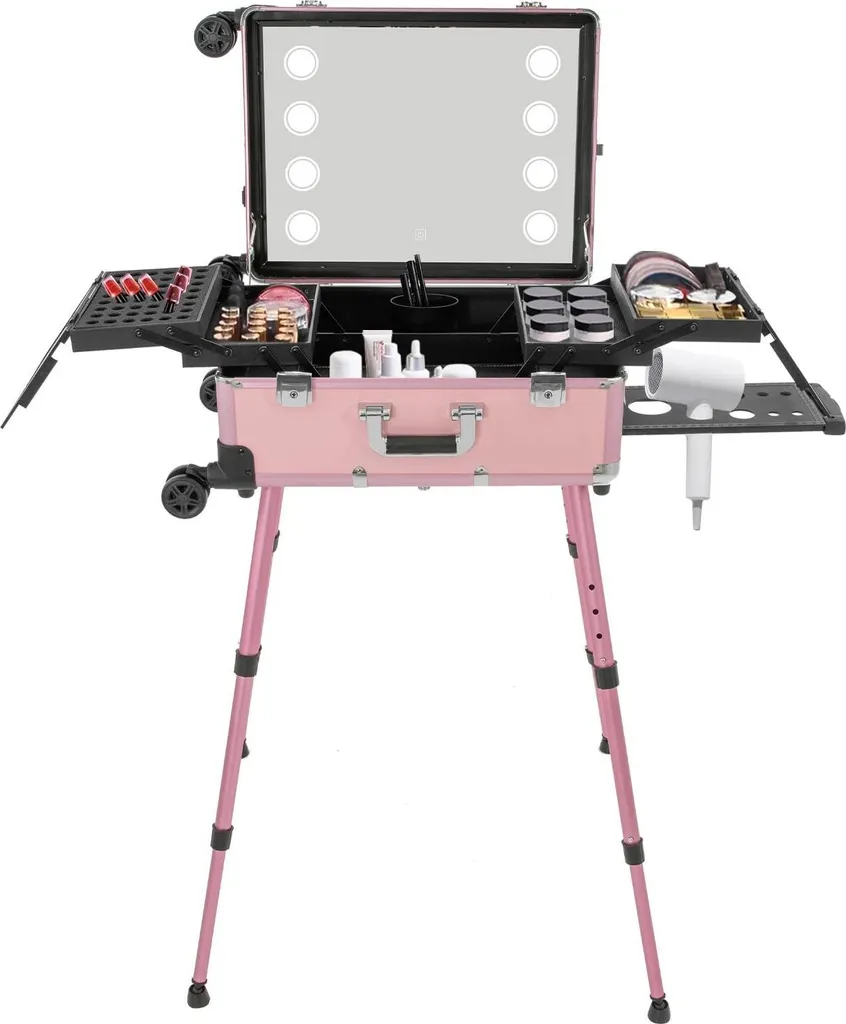 Valise maquillage lumineuse en aluminium rose avec roulettes