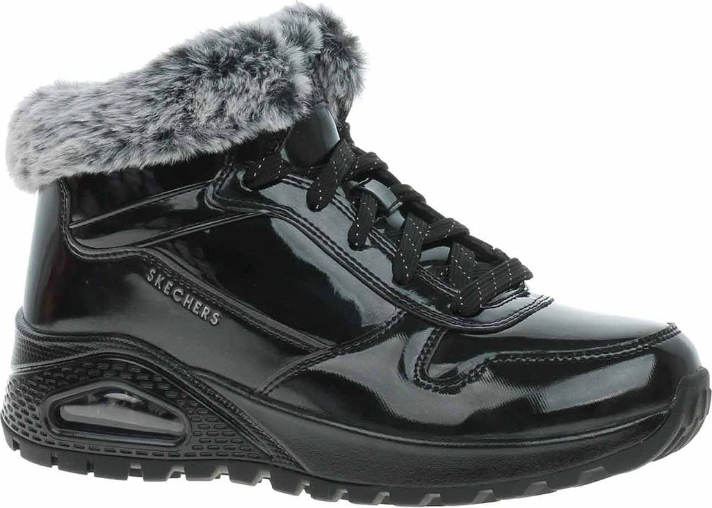 A black Skechers boot with gray fur trim.