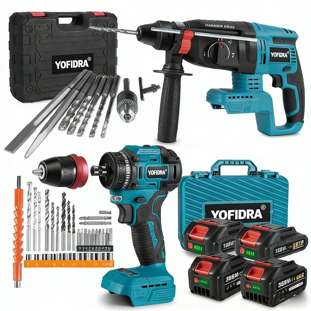 Akku-Bohrschrauber 4-in-1 Elektrisch Bohrhammer Set Bürstenlos 4-in-1 SDS Plus Bohrhammer mit 4x Akkus für Heimwerker und Bauarbeiten