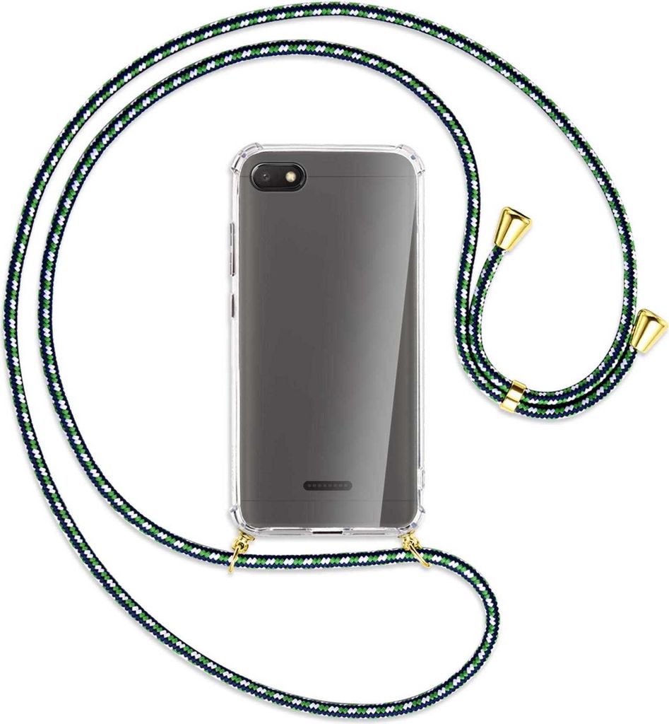 Handykette Backcover-Schutzhülle mit Band (Metall goldfarben) für Xiaomi Redmi 6A - grün/blau/weiß