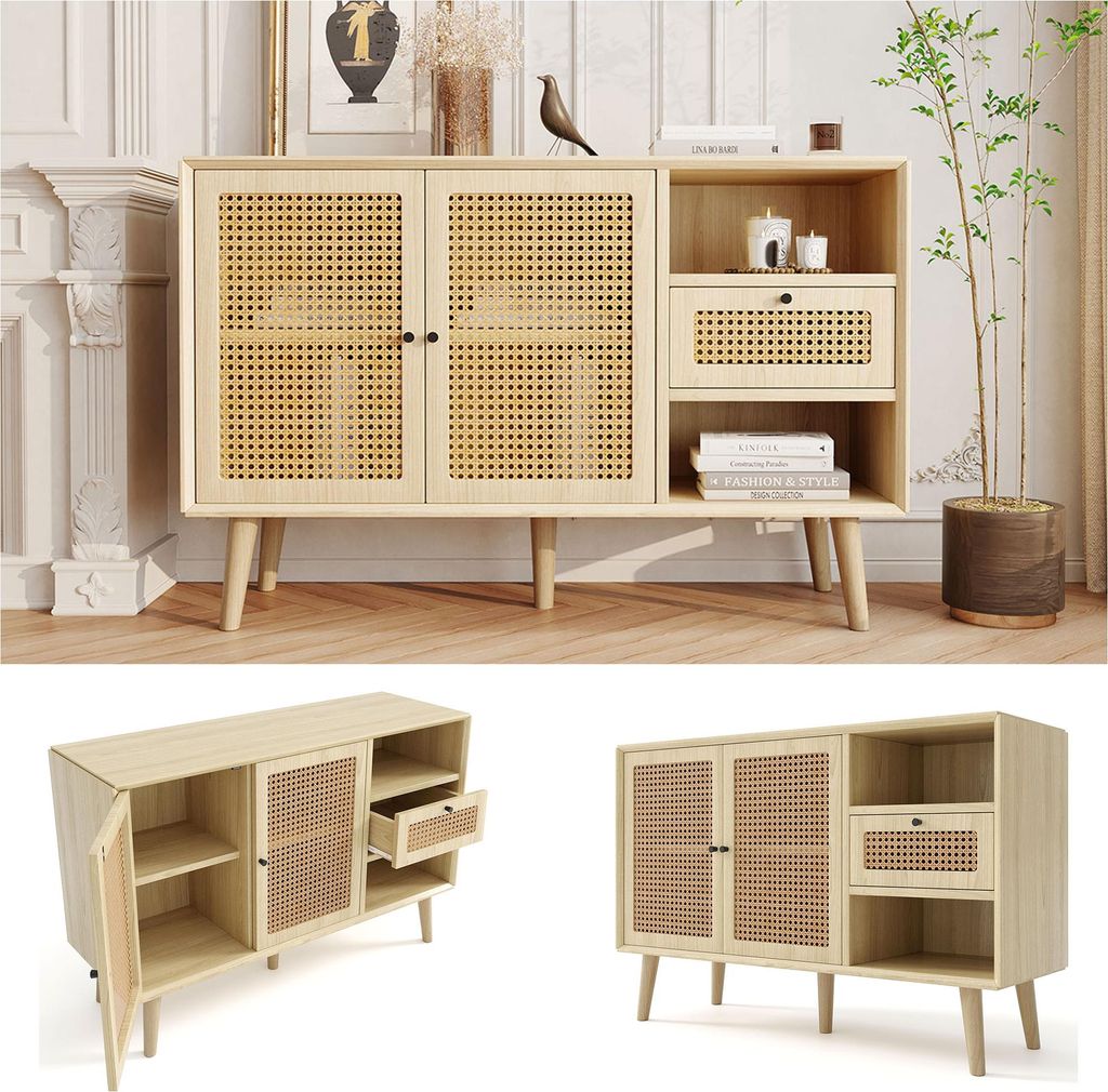 Fortuna Lai Sideboard, Kommode mit 1 Schubladen und 2 Magnetische Türen, Rattangeflecht auf den Türfronten, Beine aus massivem Holz,Schwarz Metal...