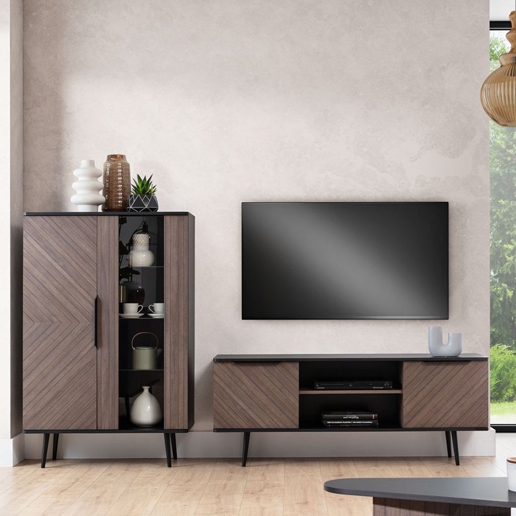 Wohnwand graphit mit braun PRETORIA-132 in Holzoptik 2-teilig