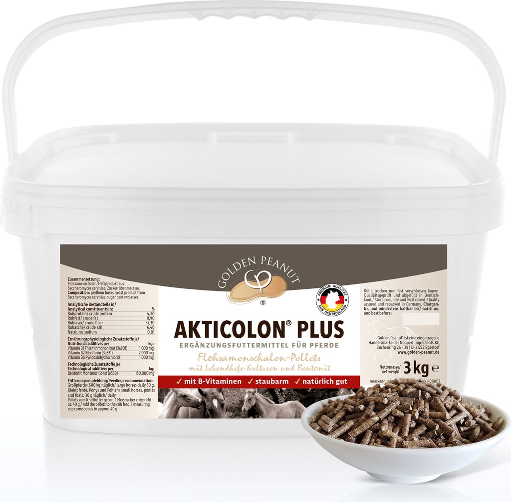 GOLDEN PEANUT Akticolon Plus Flohsamenpellets 3 kg – Bentonit, prebiotisch, Vitamin B Komplex, Fohsamenschalen Pferde, das Original
