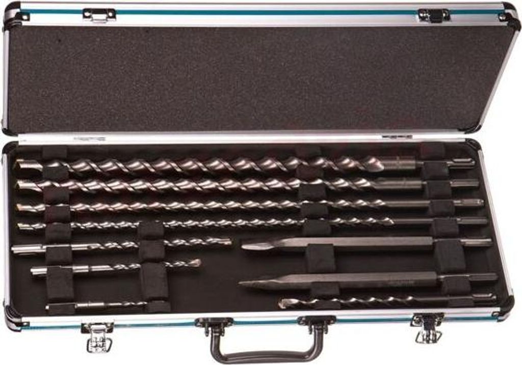 A set of drill bits and chisels in a black foam-lined case.