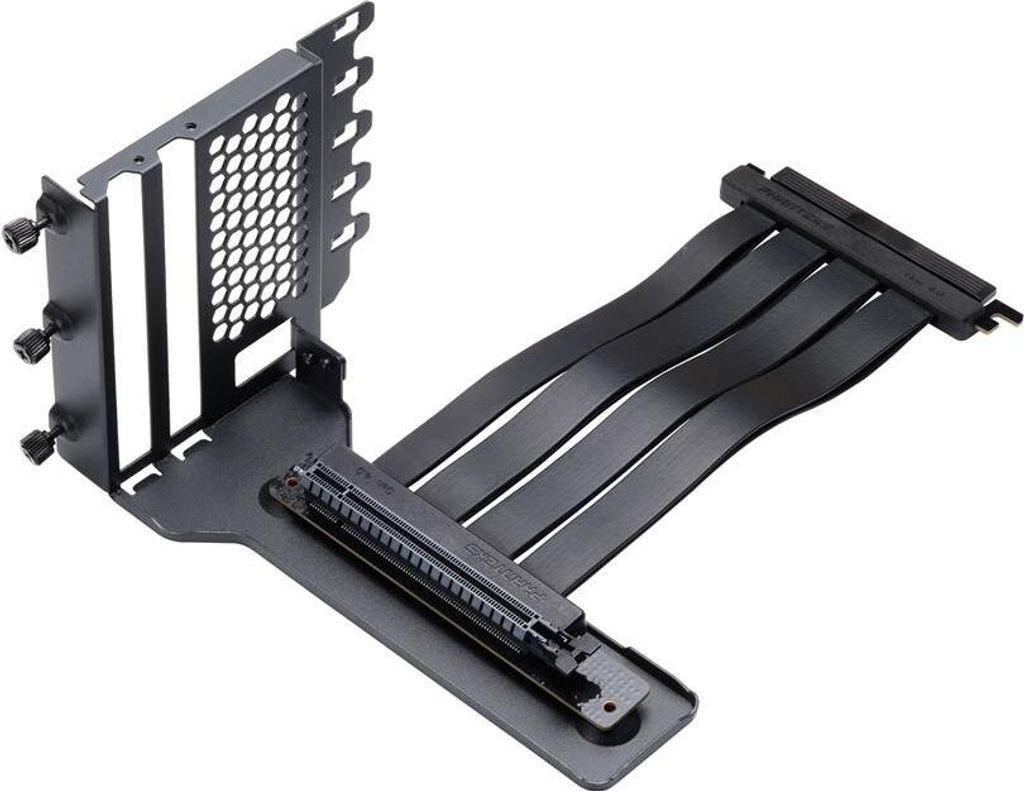 A black computer hardware component with a riser cable, isolated on a white background.