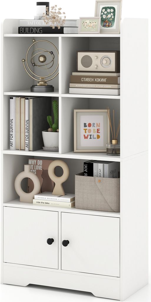 A white multi-purpose shelf unit with various decorative items and books on its shelves.