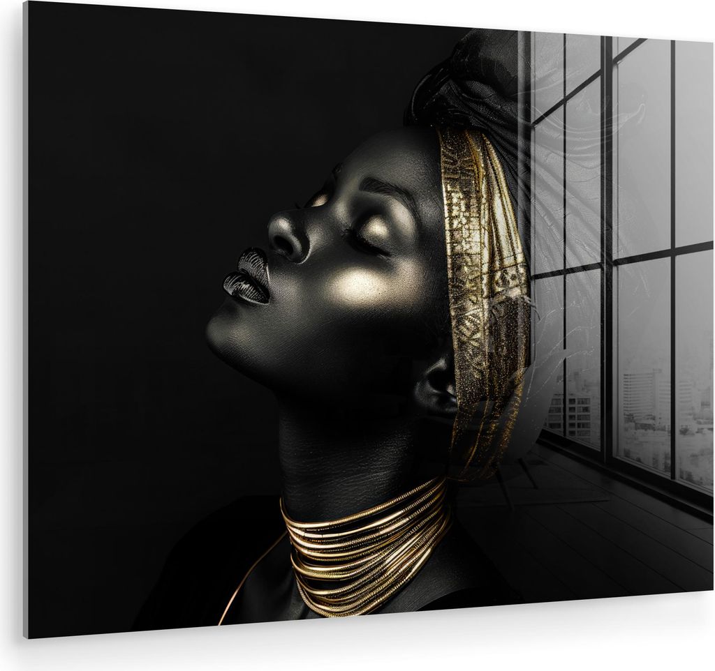 MuchoWow Glasbilder - Bilder auf Wandbild - Foto auf Glas Frau - Gold - Porträt - Modern 40x30 cm Wanddekoration aus Glas - Acrylglasbild - Acrylb...
