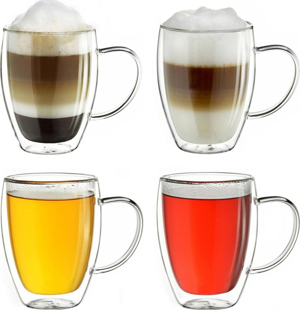 Creano doppelwandiges Thermoglas mit Henkel 400ml, großes Doppelwandglas aus Borosilikatglas, Kaffeegläser, Teegläser, Latte Gläser 4er Set
